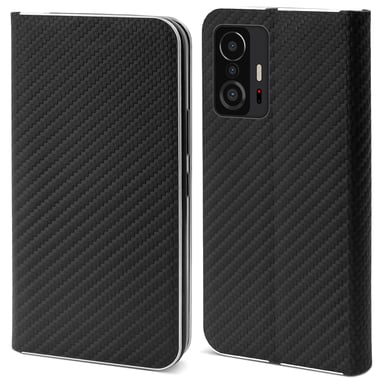 Moozy Étui portefeuille pour Xiaomi 11T et 11T Pro, Black Carbon - Étui à rabat avec bordure métallique, fermeture magnétique, porte-cartes et fonction béquille