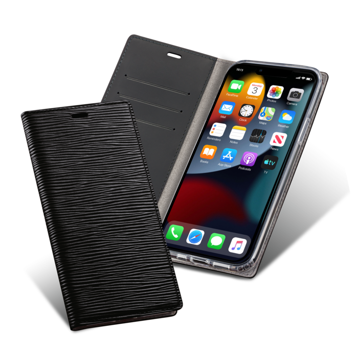 Diarycase 2.0 Coque clapet en cuir véritable avec support aimanté pour Apple iPhone 13, Noir Minuit