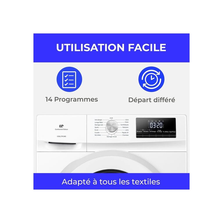 Sèche-Linge Pompe À Chaleur CONTINENTAL EDISON CESL7PCWE – 7 Kg, 14 Programmes - vue 5