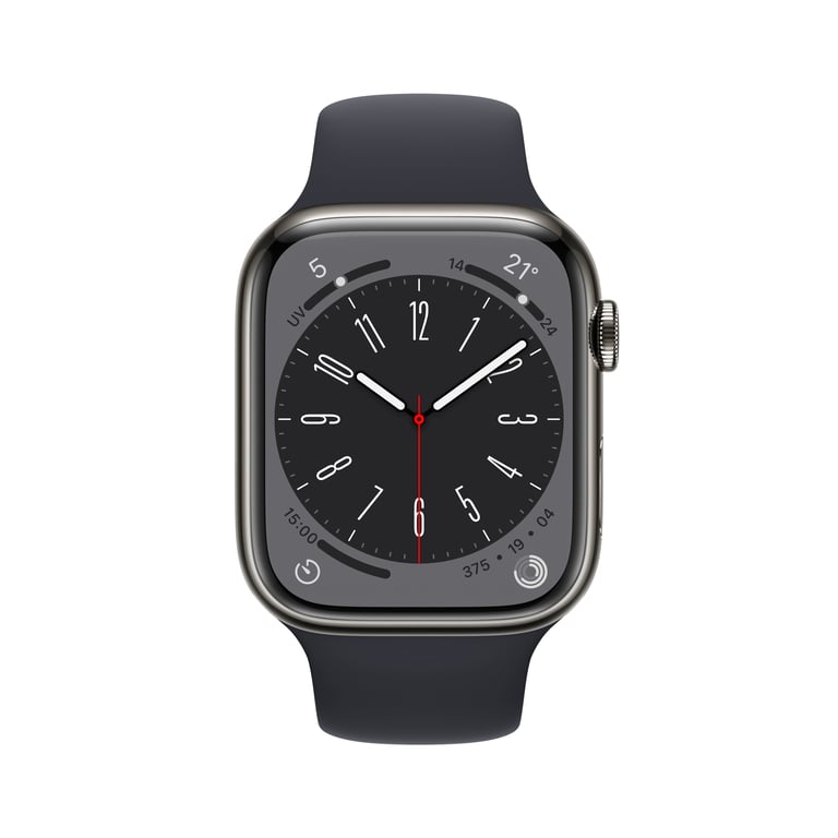 Watch Series 8 OLED 45 mm - Boîtier en Acier inoxydable Graphite - GPS + Cellular - Bracelet Sport - Minuit