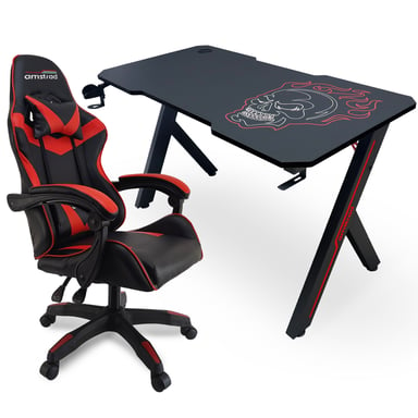 Amstrad Pack Bureau & fauteuil gamer - Largeur 1m20 - Finition carbone - Design unique ''tête de mort'' rouge &blanc