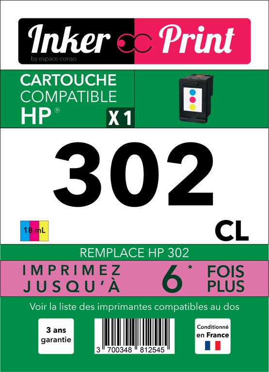 Cartouche d'encre recyclée compatible avec HP 302 (Couleur