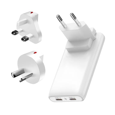 Chargeur de Voyage GaN 65W Prises EU US UK AUS avec 2x USB-C PD Blanc
