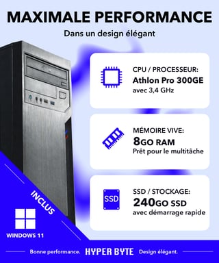 Basic Office PC / Ordinateur de bureau - AMD Athlon PRO 300GE - Tour Computer avec 8GO DDR4 RAM - 240GO SSD - WiFi - Windows 11 Pro