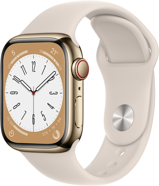Apple Watch Series 8 OLED 41 mm - Boîtier en Acier inoxydable Or - GPS + Cellular - Bracelet Sport -