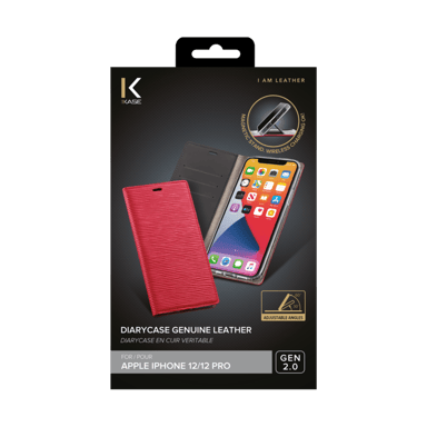 Diarycase 2.0 Coque clapet en cuir véritable avec support aimanté pour Apple iPhone 12/12 Pro, Rouge Bordeaux