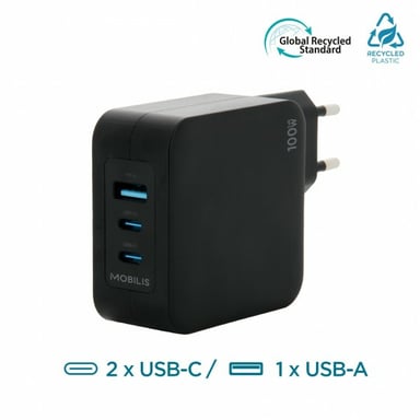 Mobilis Charger 100W 2USB C 1USBA GaN cable 100W Portátil, Smartphone, Tableta Negro Corriente alterna Interior