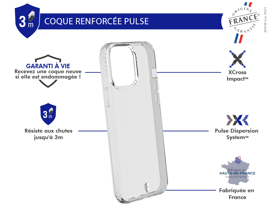 Coque Renforcée iPhone 13 Pro Max PULSE Garantie à vie Transparente - Origine France Garantie Force Case