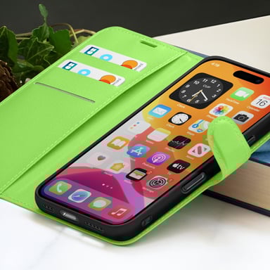Zanaé Funda tipo cartera para iPhone 16 Plus con soporte y lengüeta magnética Verde