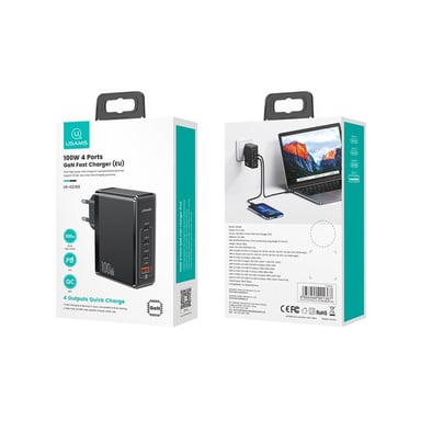 Usams Cargador de red 3 USB-C / 1 USB-A 100W GaN PD 3.0 Ultra Rápido Negro