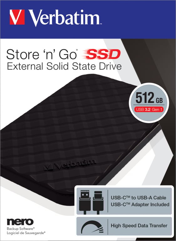 Verbatim Disque SSD portable Store 'n' Go USB 3.2 Gén 1 512 Go - Neuf