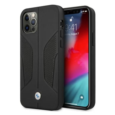 Funda BMW para iPhone 12/12 Pro 6.1'', negra, perforada, laterales de piel