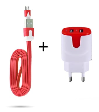 Pack Chargeur pour Manette Playstation 4 PS4 Smartphone Micro USB (Cable Noodle 1m Chargeur + Double Prise Secteur Couleur USB)  (ROUGE)