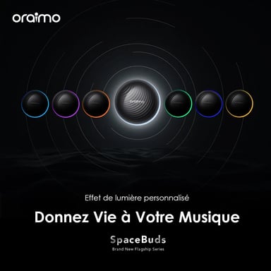 oraimo SpaceBuds – Écouteurs Bluetooth sans fil avec réduction de bruit hybride 50dB, Bluetooth 5.4, autonomie 40h, LEDs et mode Smart Chat