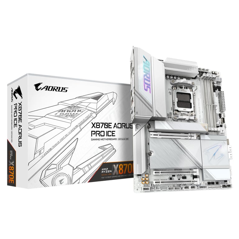 GIGABYTE X870E AORUS PRO ICE Carte Mère - Prend en charge les processeurs AMD Ryzen 9000, 16+2+2 Phases VRM Digital, jusqu'à 8000MHz DDR5 (OC), 3xPCIe 5.0 + 1xPCIe 4.0, Wi-Fi 7, 2.5GbE LAN, USB 4 - Neuf