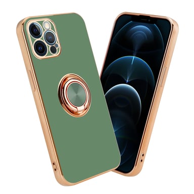 Coque pour Apple iPhone 12 PRO MAX en Glossy Vert Clair - Or avec anneau Housse de protection Étui en silicone TPU flexible, avec protection pour appareil photo et support voiture magnétique