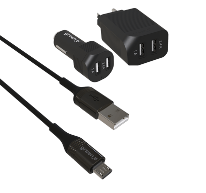 GREEN E - KIT DE CARGA ecodiseñado (Cable micro-USB a USB + Adaptador de enchufe + Adaptador para encendedor de cigarrillos)