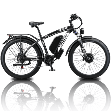 Vélo électrique KETELES K800, moteur 2000W, batterie 48V 23Ah, vitesse maximale 50 km/h, autonomie 100 km, pneus 26*4,0 pouces, noir et blanc.