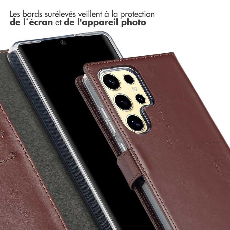 Selencia Étui portefeuille en cuir véritable pour Samsung Galaxy S25 Ultra - Marron foncé - Neuf