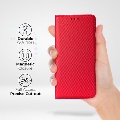 Moozy Étui à rabat pour iPhone 14, Rouge – Étui portefeuille à rabat magnétique intelligent avec porte-cartes et support, emplacements pour cartes de crédit, fonction béquille