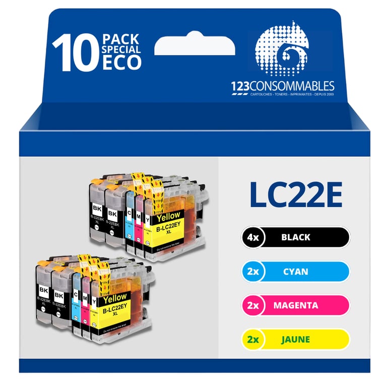 123CONSOMMABLES LC 22E Pack 10 cartouches compatibles avec BROTHER MFC J5920DW LC22E 4 / 2 Cyan / 2 / 2 Jaune Neuf