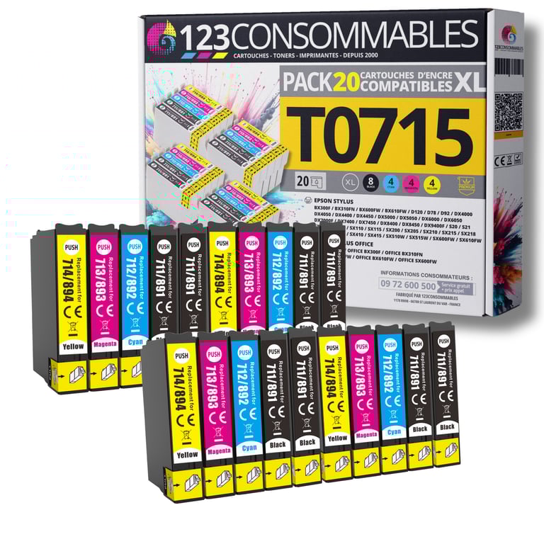 123CONSOMMABLES T0715 Pack pour Epson T0715 T0711 T0712 T713 T0714 Cartouches Compatible avec Epson Stylus SX218 SX400 SX510W SX515W DX7450 DX8450 8 / 4 Cyan / 4 / 4 Jaune Neuf