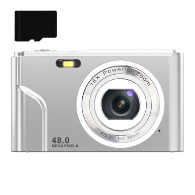 Appareil photo numérique 48MP FHD 1080p avec zoom 16x et carte mémoire de 32 Go Silver