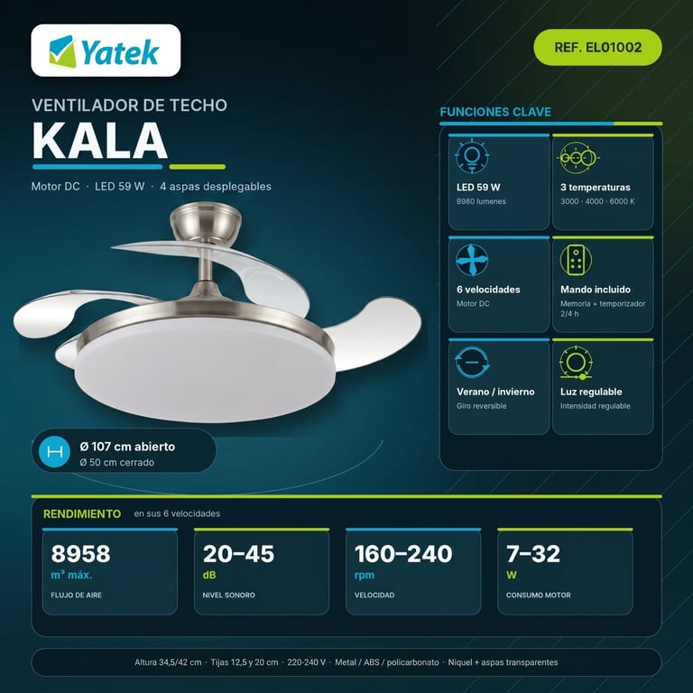 Ventilateur de plafond LED Yatek KALA pales retractables Neuf - vue 3
