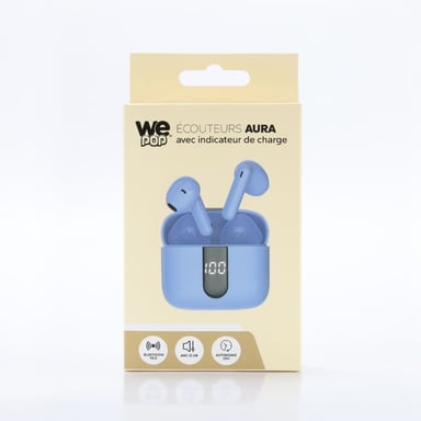 Ecouteurs sans-fil avec indicateur de charge AURA, Bluetooth, batterie intégrée 40mAh, Boitier de recharge 400mAh, ANC, bleu