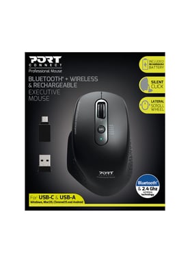 Port Connect Ratón inalámbrico PROFESIONAL BLUETOOTH Y RECARGABLE 2,4 Ghz USB-A/USB-C Negro