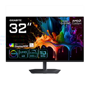 GIGABYTE MO32U2 Moniteur Gaming OLED 32” 4K UHD - 3840 x 2160, 240Hz, 0.03ms, 250 cd/m², G-Sync Compatible, FreeSync Premium Pro, Display HDR True Black 400, HDMI 2.1, DisplayPort 1.4