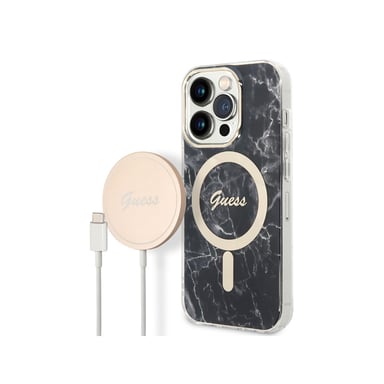 Cover in bundle per iPhone 14 Pro motivo marmo e Caricabatteria MagSafe 15W Qi Wireless