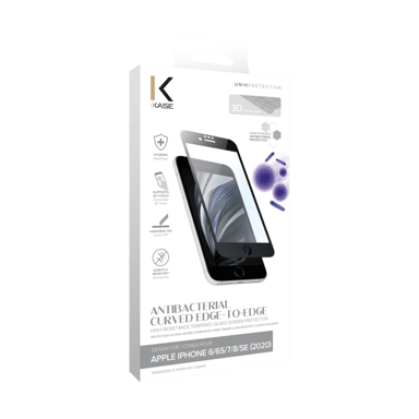Protector de pantalla de cristal templado con borde curvado antibacteriano para Apple iPhone 6/6s/7/8/SE 2020, Negro
