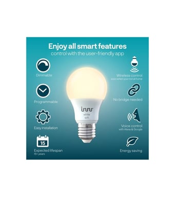 INNR Ampoule connectée E27 -Wifi Direct - Pack de 2 ampoules Blanc Chaud 2700 K Intensité réglable.
