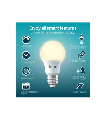 INNR E27 Connected Bulb -Wifi Direct - Confezione da 2 Bianco caldo 2700 K Intensità regolabile.