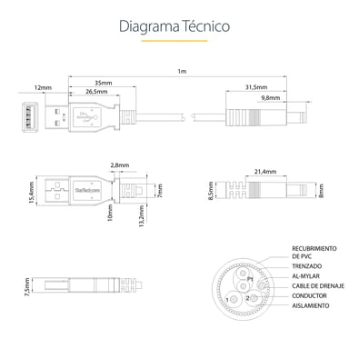 StarTech.com Cable Adaptador 1m USB A Macho a Conector Coaxial Barrel Alimentación Corriente Tipo N 5,5mm 5V DC