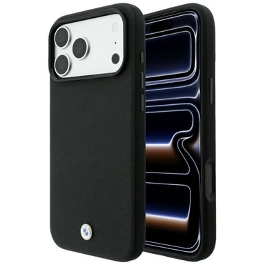 Étui BMW en Kevlar avec logo métallique et MagSafe pour iPhone 18 Pro Max / 17 Pro Max, noir