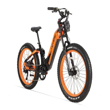Vélo électrique tout-terrain CYRUSHER Trax 2.0, batterie 52 V 20 Ah, suspension intégrale à 4 points d'ancrage, transmission Shimano 9 vitesses - orange