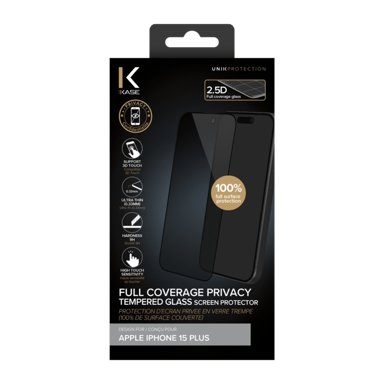 Protection d'écran Privée en verre trempé (100% de surface couverte) pour Apple iPhone 15 Plus, Noir