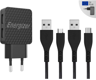Chargeur secteur Garanti à vie - 2.4A - 2USB - prise EU - câbles USB-C 2.0 & Micro-USB inclus