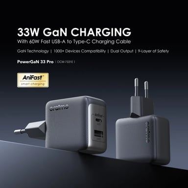 oraimo PowerCube 33 Pro – Chargeur secteur GaN 33W, double port USB-C/USB-A avec câble inclus