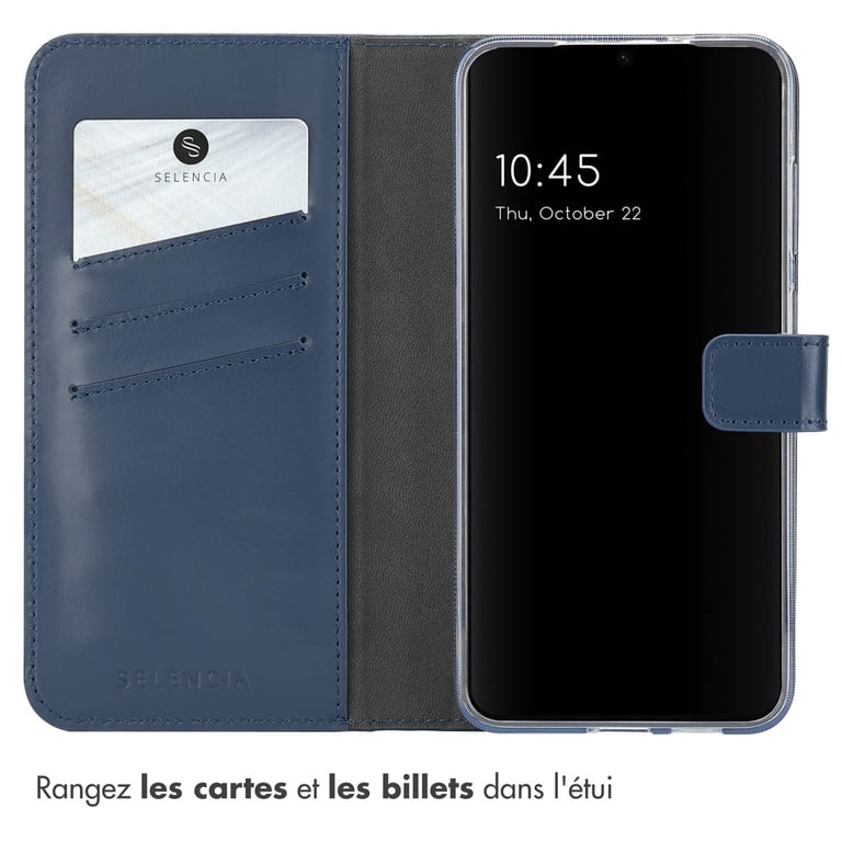 Selencia Étui portefeuille en cuir véritable pour Samsung Galaxy S25 - Bleu - Neuf