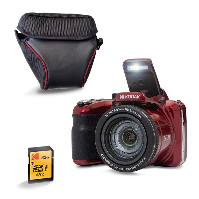 KODAK Pixpro AZ425 Appareil Photo Bridge 20 MP avec Zoom Optique 42x + Étui de Protection + Carte SD 32 Go – Vidéo Full HD 1080p, Grand Angle 24 mm, Stabilisateur, Écran LCD 3  – Rouge - Neuf
