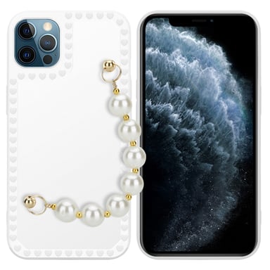 Coque pour Apple iPhone 12 PRO MAX en Blanc avec perles Housse de protection Étui en silicone TPU flexible et avec tour de cou chaîne de poignet