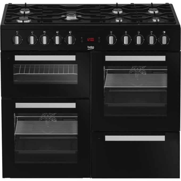 Cuisinière pose libre Beko PF335325DB 6 brûleurs gaz + wok double couronne, 3 fours électriques dont gril, affichage digital, noir - Neuf