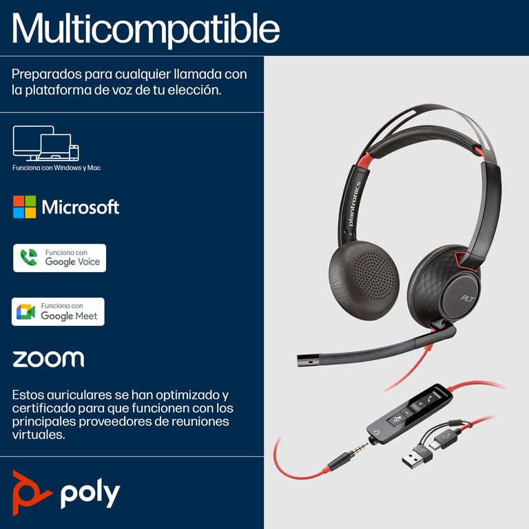 Poly Micro-casque Blackwire 5220 stéréo USB-C + connexion 3,5 mm + adaptateur USB-C/A - Neuf