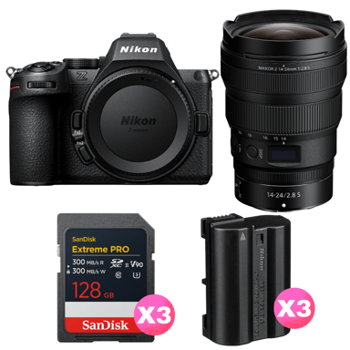 Appareil photo hybride Nikon Z5 II + 14-24mm f/2.8 S + 3 SanDisk 128GB Extreme PRO UHS-II + 3 Nikon EN-EL15c + Ebook ''20 astuces pour des images qui claquent''