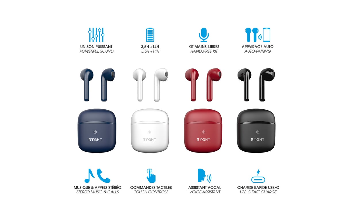 RYGHT WAYS - Ecouteurs Sans fil Bluetooth avec boitier semi-intra True  Wireless Earbuds