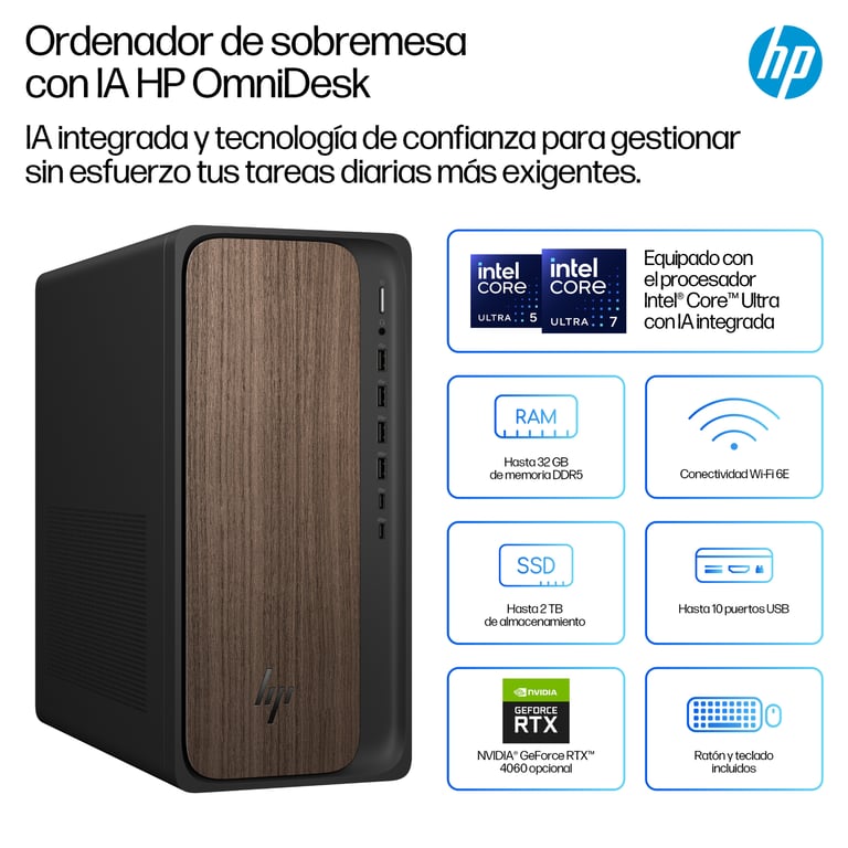 HP OmniDesk Desktop AI M03 0014ns PC Intel Core Ultra 5 225 DDR5 SDRAM SSD DOS gratuit Tower AI PC Bois Neuf - vue 3