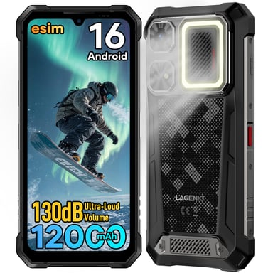 Smartphone para exteriores Lagenio Rhino 1 Pro 24/256 GB – Smartphone resistente – 6,9 pulgadas – IP68 (impermeable), NFC y GPS – Dual SIM 4G – 12.000 mAh